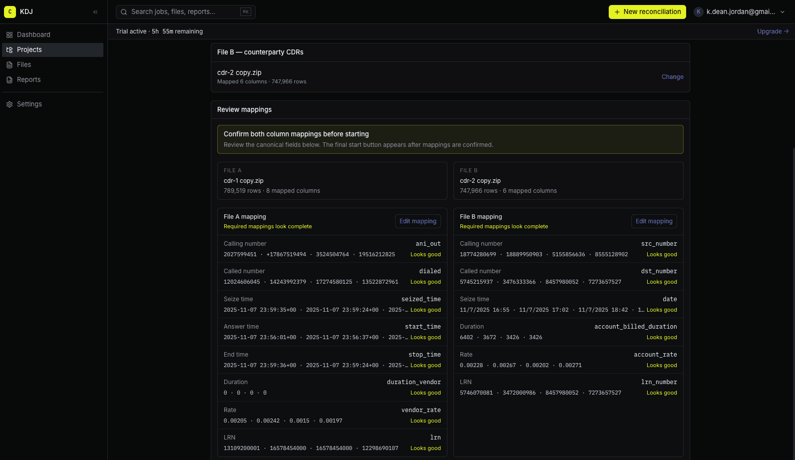 ReconcileCDR mapping confirmation screen with sampled column confidence